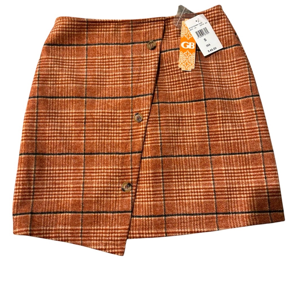 NWT Gianni Bini Women's Wool Blend Plaid Rust Asymmetrical Skirt‎ Size Small
